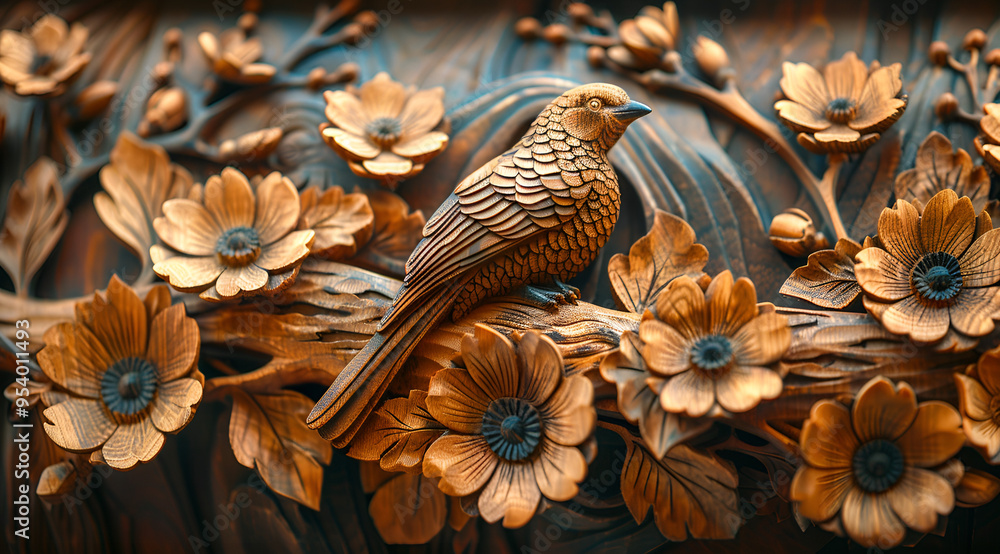 Fototapeta premium a close-up of a wooden carving of a bird perched on a branch. The bird is brown and black in color and is facing towards the right side of the image.