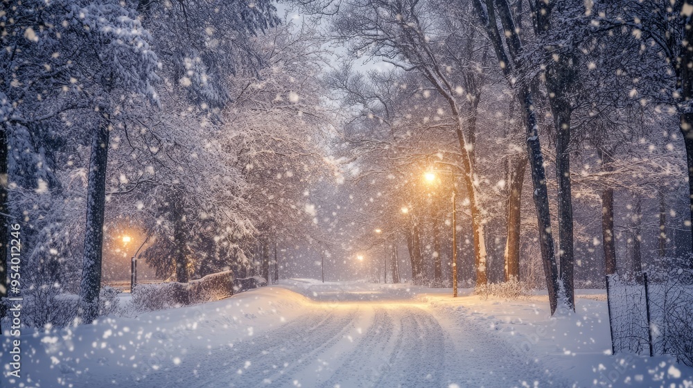 A powerful snow storm blankets the landscape, transforming the environment into a winter wonderland A powerful snow storm blankets the landscape, transforming the environment into a winter wonderland