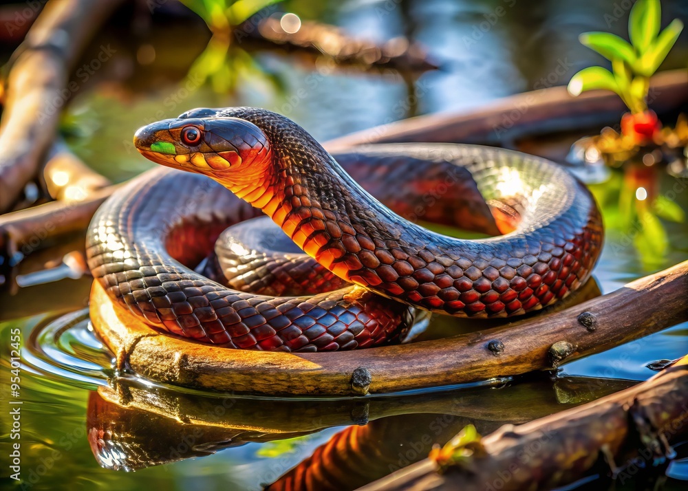 A vibrant red-bellied water snake coils itself around a submerged branch in a murky brown swamp, its scaly A vibrant red-bellied water snake coils itself around a submerged branch in a murky brown swamp, its scaly