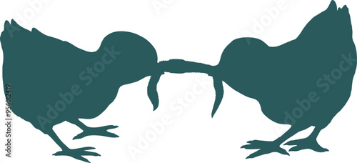 Two chickens fight over a worm. Dispute over food. Education and experience. Vector image.