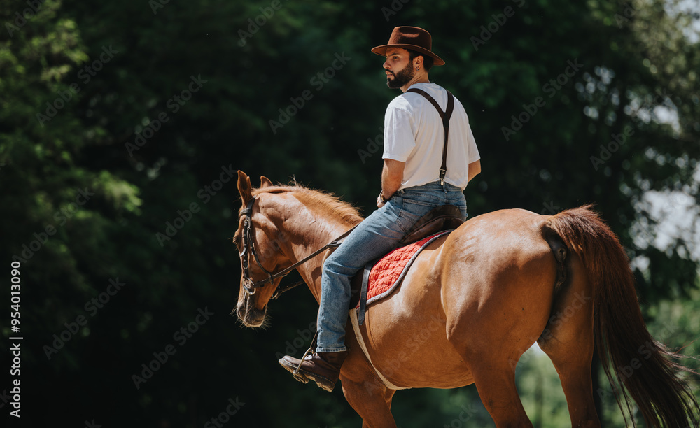 Cowboy riding a horse in a forest, enjoying a relaxed and solitary moment outdoors, surrounded by nature. Cowboy riding a horse in a forest, enjoying a relaxed and solitary moment outdoors, surrounded by nature.