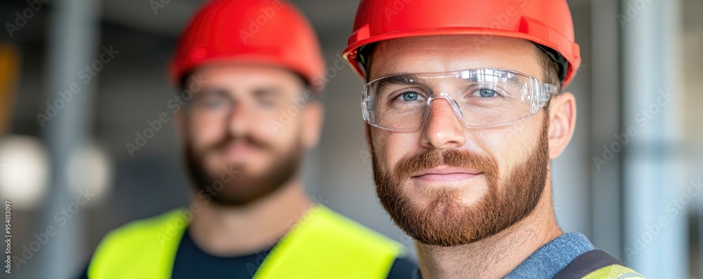 A construction worker, a man, boldly looks at the camera while carrying a plan and donning a safety vest, protective glasses, and a red hard helmet. A construction worker, a man, boldly looks at the camera while carrying a plan and donning a safety vest, protective glasses, and a red hard helmet.