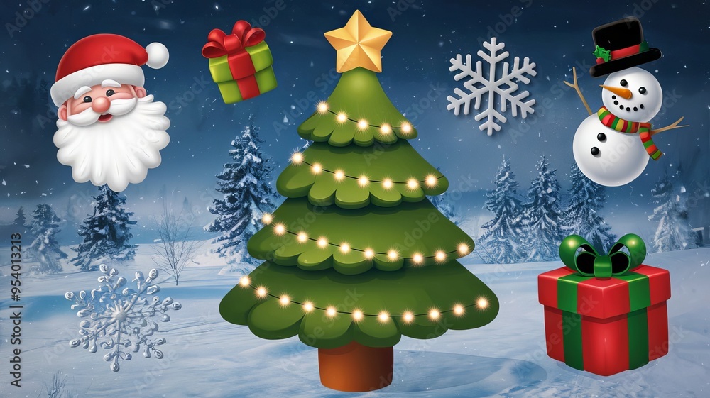 Festive Christmas Stickers with Tree, Candy Cane, and Gifts