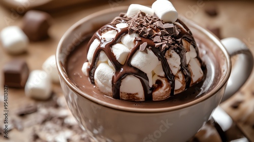 A close-up of a mug of hot chocolate topped with marshmallows and chocolate shavings.