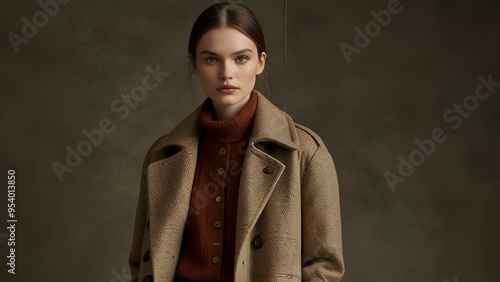 Girl in Fall fashion with layers, textures, and warm colors, stylish and cozy. photo