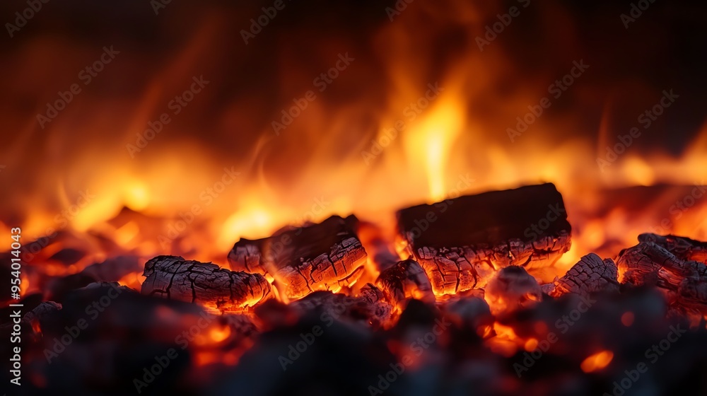 Close-up of glowing embers in a fireplace, with a blurred background of flames and sparks. Close-up of glowing embers in a fireplace, with a blurred background of flames and sparks.