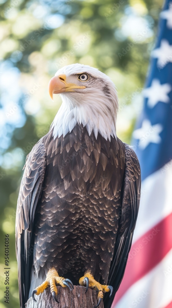 Obraz premium North American bald eagle with the USA flag and green trees at the background. Symbol of freedom