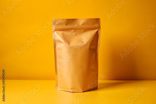 Mockup of a yellow zip bag standing against a matching yellow background, perfect for bold and modern packaging design presentations. Сopy space