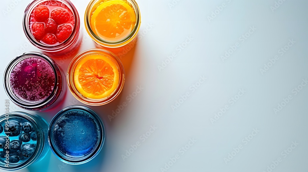 Colorful fruit drinks with berries and citrus in jars on a white background. Flat lay composition with copy space for beverage and summer refreshment concepts Colorful fruit drinks with berries and citrus in jars on a white background. Flat lay composition with copy space for beverage and summer refreshment concepts