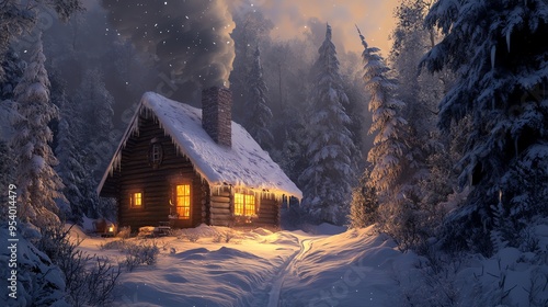 A cozy cabin nestled in a snowy forest, with warm light glowing from the windows. The scene is peaceful and inviting, perfect for a winter escape.