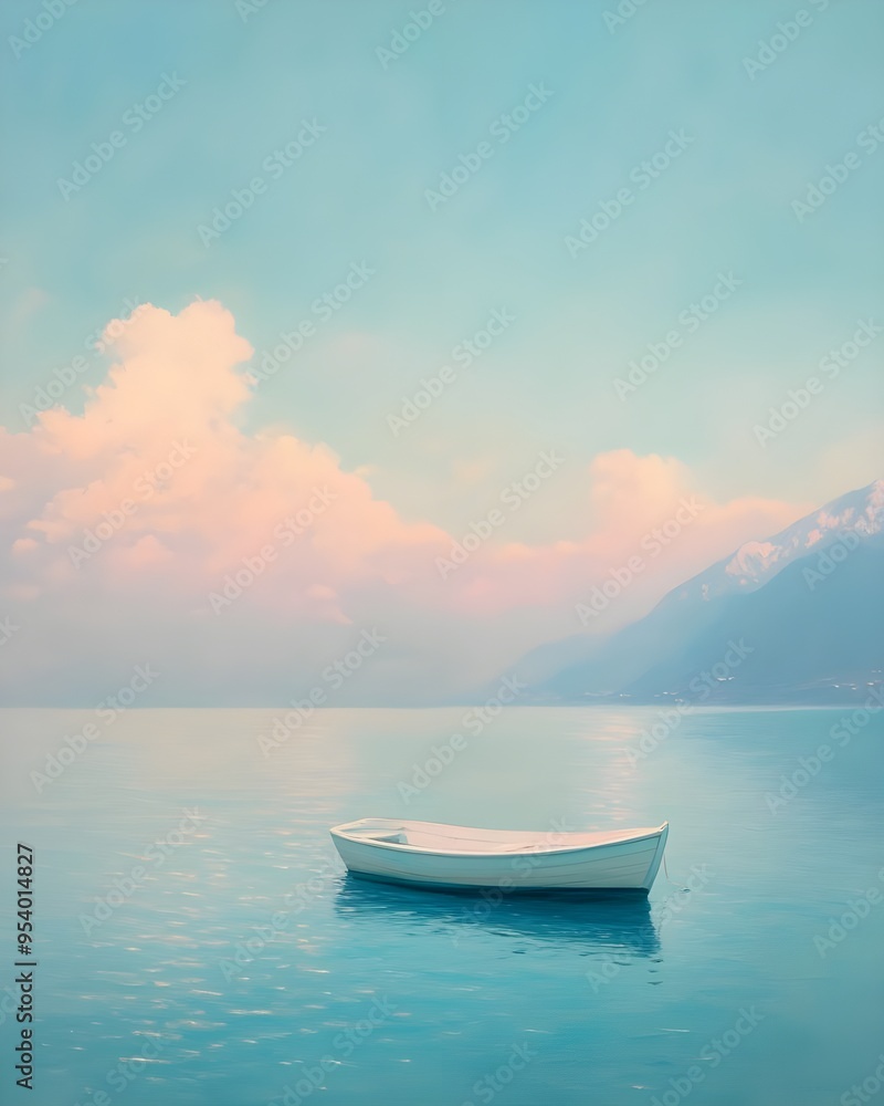 Fototapeta premium lonely boat relaxing seascape peaceful landscape calming scene pastel colors