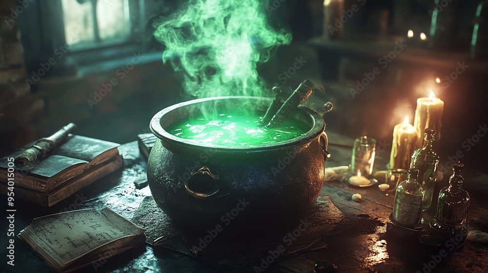 A cauldron of bubbling green potion sits in a dimly lit room, surrounded by candles and books. A cauldron of bubbling green potion sits in a dimly lit room, surrounded by candles and books.