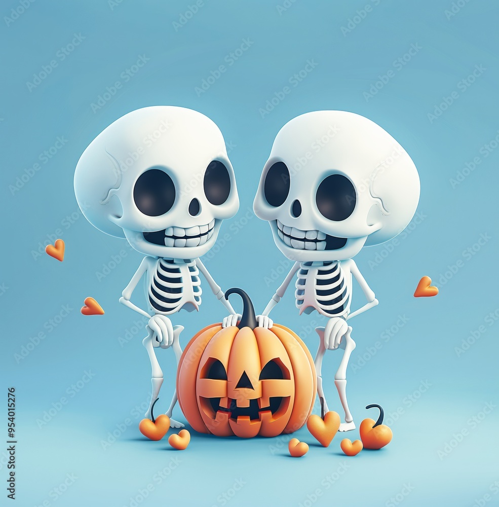 Fototapeta premium Friendly Skeletons with Jack-o'-Lantern Halloween Fun