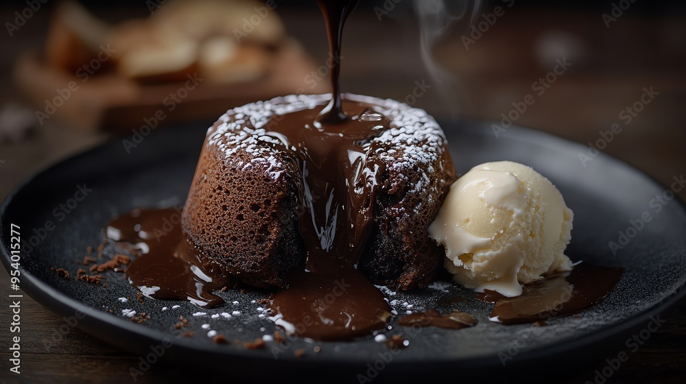 A close-up of a decadent chocolate lava cake topped with a scoop of vanilla ice cream. A close-up of a decadent chocolate lava cake topped with a scoop of vanilla ice cream.