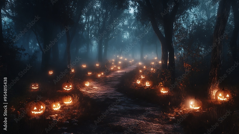 A spooky path through a dark forest lit by glowing jack-o'-lanterns. The path is lined with pumpkins, creating a haunting and eerie atmosphere. A spooky path through a dark forest lit by glowing jack-o'-lanterns. The path is lined with pumpkins, creating a haunting and eerie atmosphere.