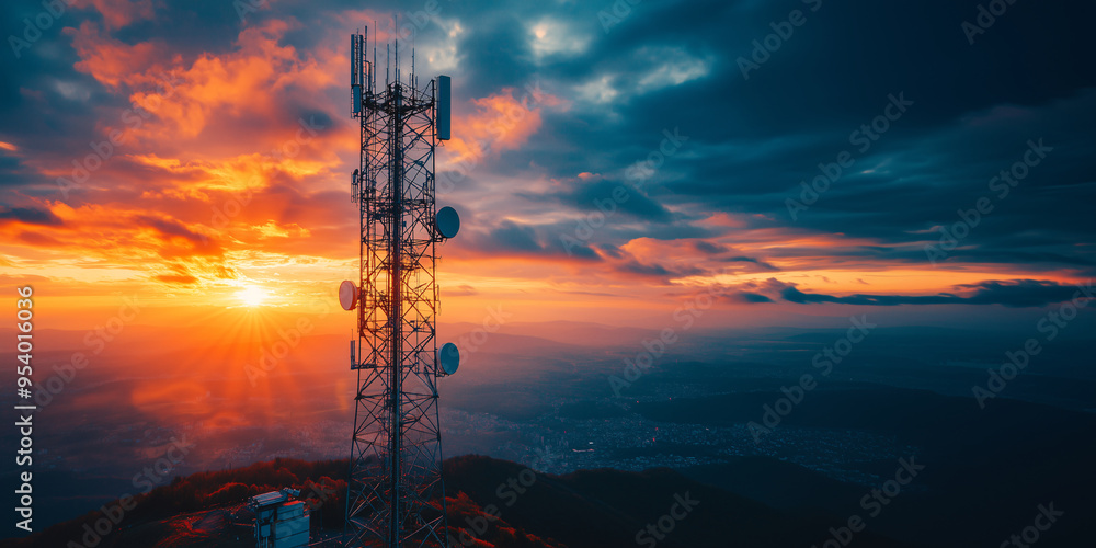 A stunning sunset illuminates telecommunications tower, symbolizing connectivity and technology in serene landscape. A stunning sunset illuminates telecommunications tower, symbolizing connectivity and technology in serene landscape.
