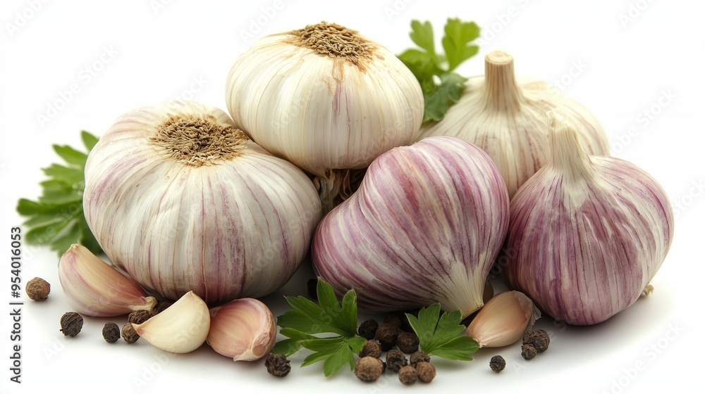 a group of garlic bulbs with cloves and parsley leaves on a white background a group of garlic bulbs with cloves and parsley leaves on a white background
