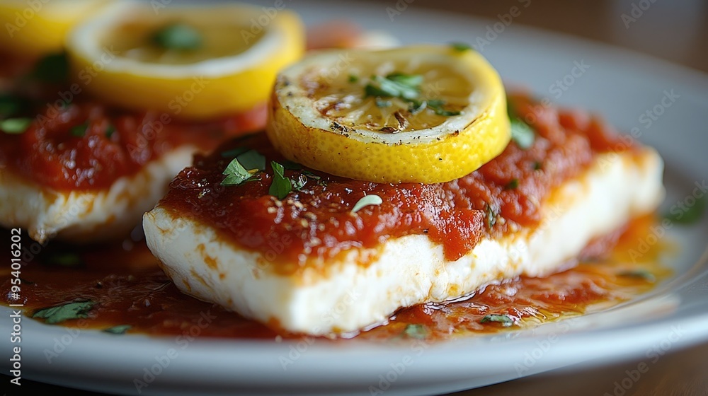 Grilled fish with tomato sauce and lemon. Perfect for illustrating recipes, cooking blogs, or food articles. Grilled fish with tomato sauce and lemon. Perfect for illustrating recipes, cooking blogs, or food articles.