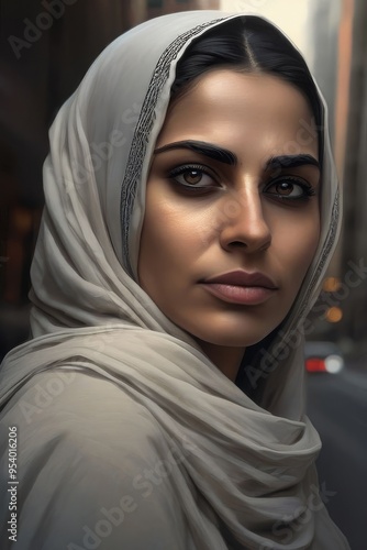 Obraz na płótnie Arabian woman with happy smile. Strict formal outfit and elegant appearance. Islamic fashion w salonie