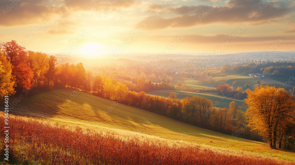 Wonderful landscape during autumn, sunny rural panoramic view. Countryside scenery. Typical autumn colors. Wonderful landscape during fall season, typical orange, brown automn colors. Tranquil scenery