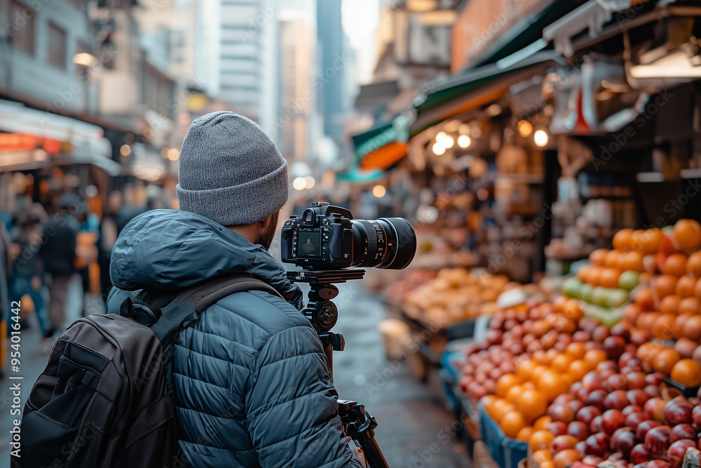 A vlogger captures vibrant market scenes with camera, showcasing fresh produce and bustling activity. A vlogger captures vibrant market scenes with camera, showcasing fresh produce and bustling activity.