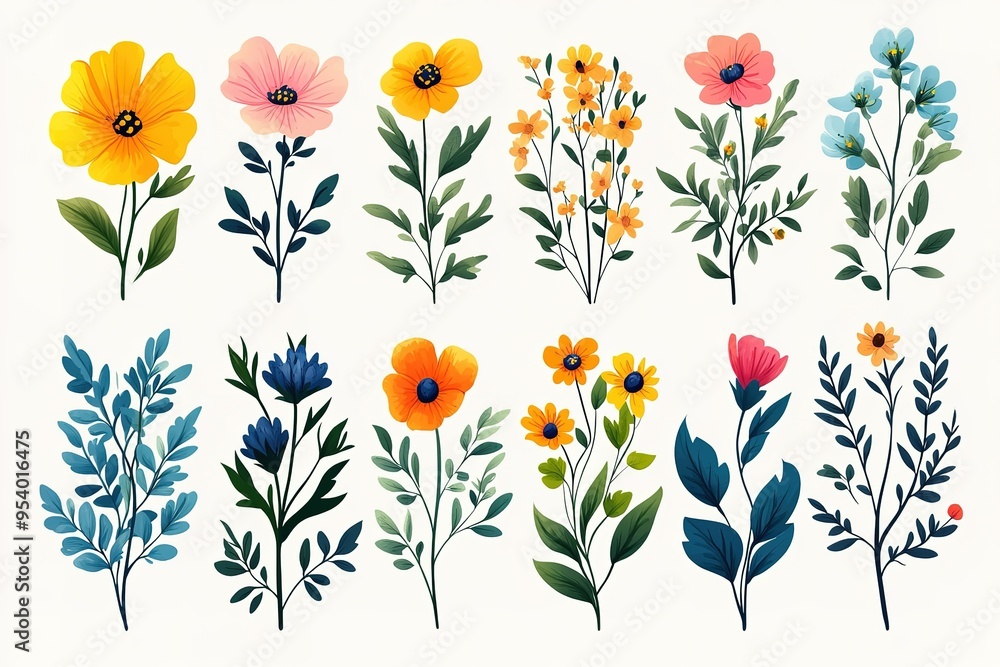 A set of twelve different colored flowers with green leaves A set of twelve different colored flowers with green leaves