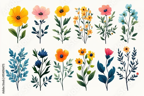 A set of twelve different colored flowers with green leaves