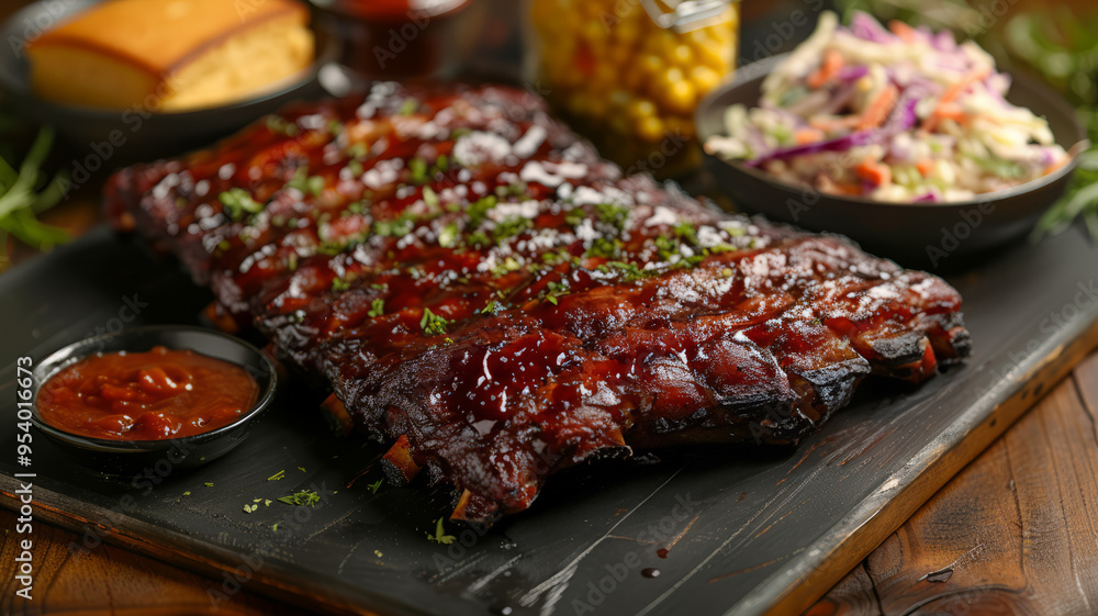 Glazed barbecue ribs with sides of coleslaw and corn. Glazed barbecue ribs with sides of coleslaw and corn.