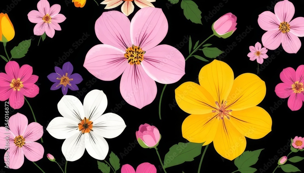 A colorful flower pattern with a black background. The flowers are of various colors and sizes, and they are arranged in a way that creates a sense of depth and dimension A colorful flower pattern with a black background. The flowers are of various colors and sizes, and they are arranged in a way that creates a sense of depth and dimension