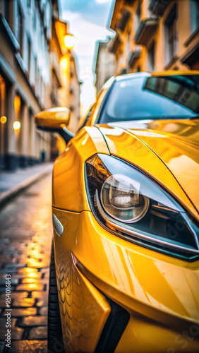 Macro view of car headlight of modern yellow car