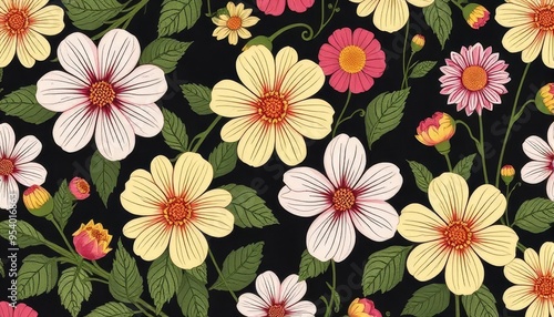 A black and white floral pattern with yellow and pink flowers. The flowers are arranged in a way that they look like they are blooming. The pattern is very intricate and detailed