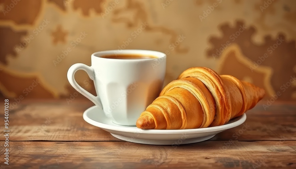 A plate of croissants sits on a wooden table next to a cup of coffee. The croissants are golden brown and appear to be freshly baked. The coffee is steaming and looks inviting A plate of croissants sits on a wooden table next to a cup of coffee. The croissants are golden brown and appear to be freshly baked. The coffee is steaming and looks inviting