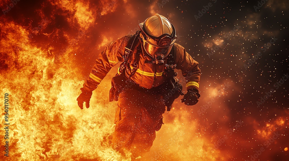 A firefighter in full gear stands amidst a raging inferno, his helmet reflecting the intense flames. A firefighter in full gear stands amidst a raging inferno, his helmet reflecting the intense flames.