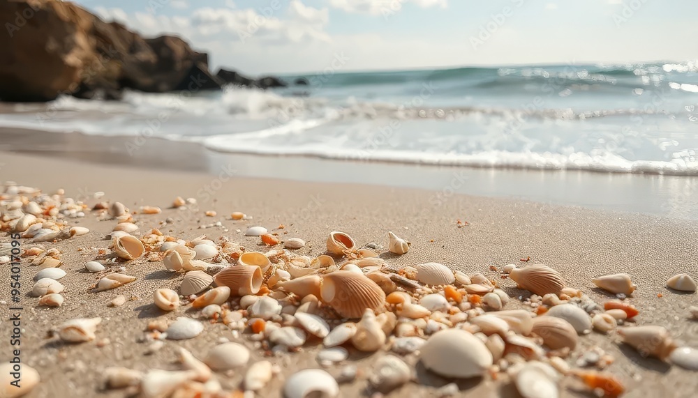 A beach with a large pile of shells on the sand. The shells are scattered all over the beach, creating a beautiful and serene atmosphere. The beach is located near the ocean A beach with a large pile of shells on the sand. The shells are scattered all over the beach, creating a beautiful and serene atmosphere. The beach is located near the ocean
