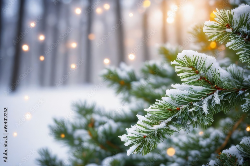 Closeup of Christmas tree with light, snow flake. Christmas and New Year holiday background. vintage color tone.