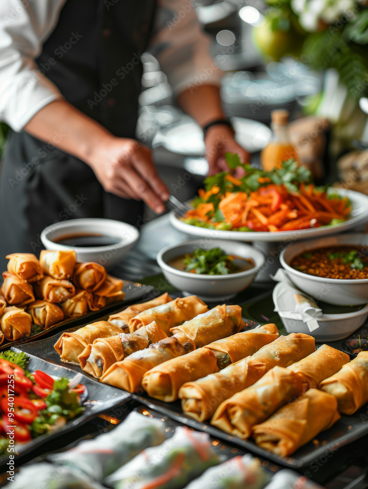 Obraz premium Chef preparing a buffet table with spring rolls and appetizers