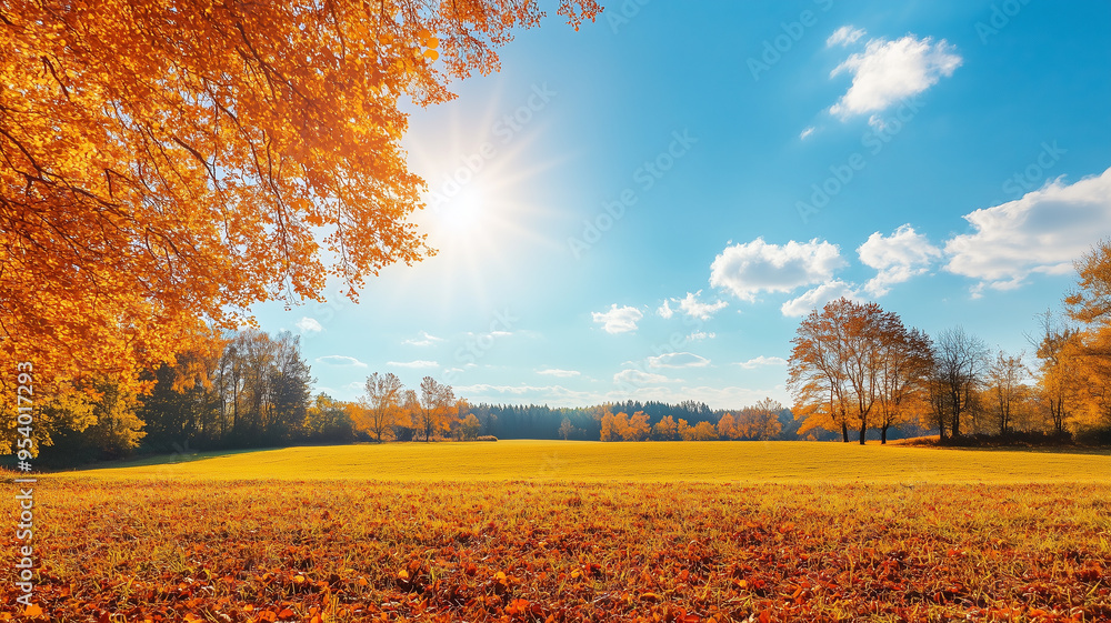 Fototapeta premium Wonderful landscape during autumn, sunny rural panoramic view. Countryside scenery. Typical autumn colors. Wonderful landscape during fall season, typical orange, brown automn colors. Tranquil scenery