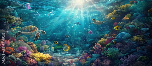 Fototapeta Naklejka Na Ścianę i Meble -  A vibrant and highly detailed underwater scene. Coral reef and fishes