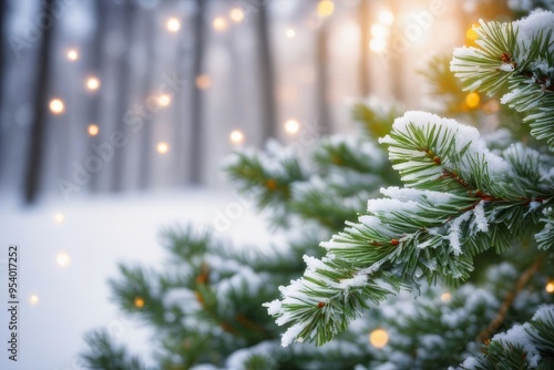 Obraz na płótnie Closeup of Christmas tree with light, snow flake. Christmas and New Year holiday background. vintage color tone. w salonie