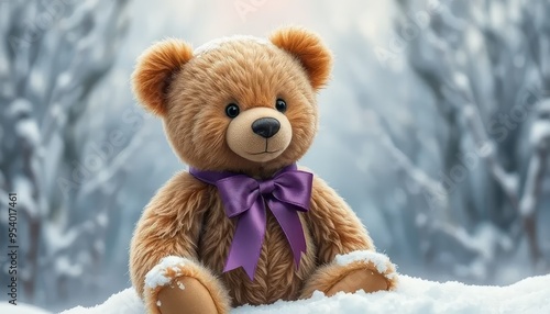 A teddy bear with a purple bow is sitting on a snowy surface. Concept of warmth and comfort, as the teddy bear is a symbol of childhood and innocence