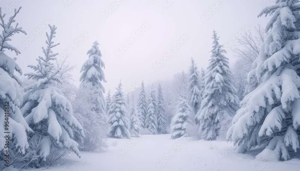 Fototapeta premium A snowy forest with trees covered in snow. The trees are tall and spread out, creating a peaceful and serene atmosphere. The snow-covered ground adds to the beauty of the scene