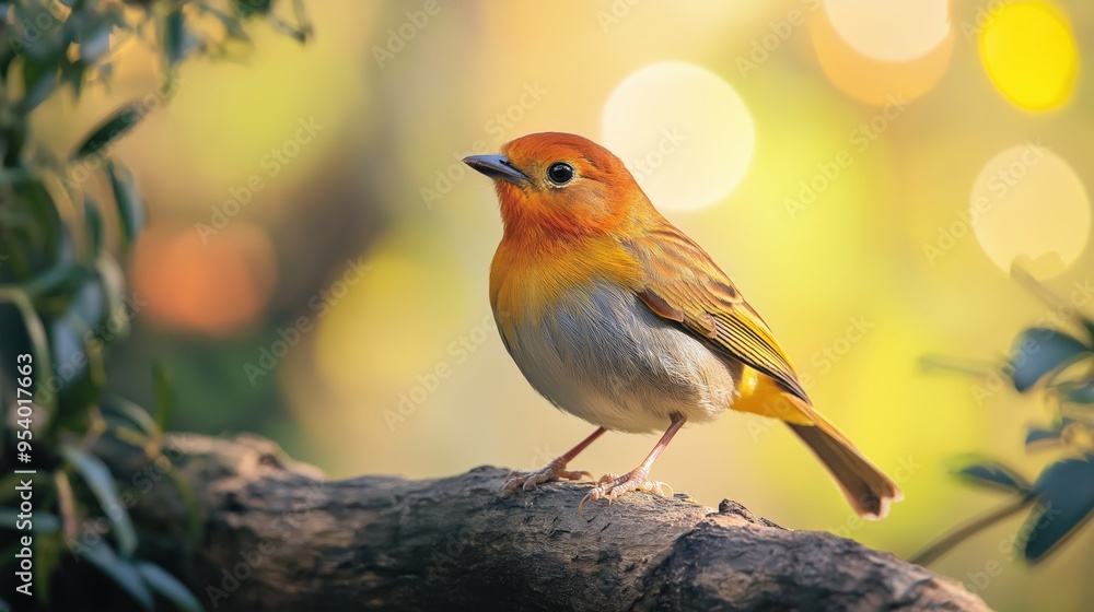 Bird on forest background. Robin on a branch Bird on forest background. Robin on a branch