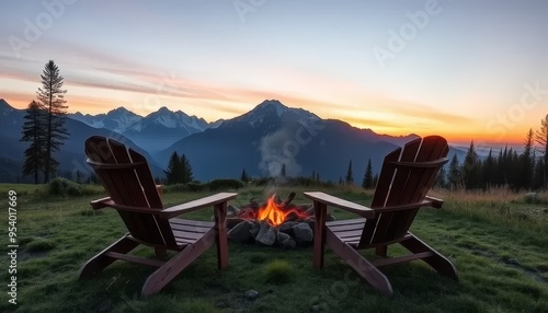 Two wooden chairs are facing a fire in a grassy field. The chairs are positioned in front of a mountain range, with the sun setting in the background. Concept of relaxation and tranquility