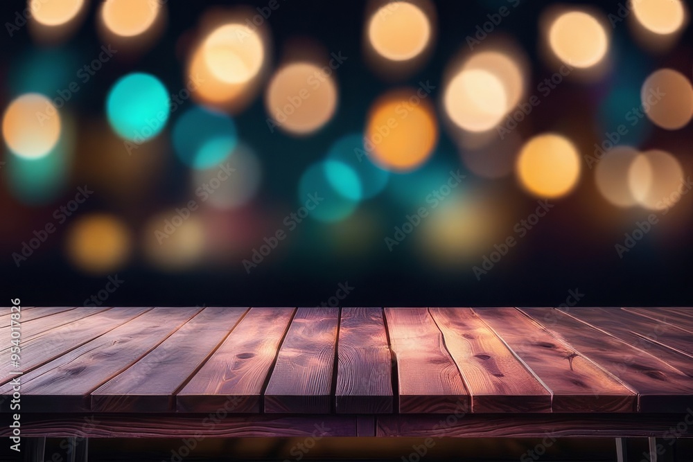 Empty wooden table in front of blurred cafe bar or restaurant. Abstract lights bokeh background, front view, free space for your product