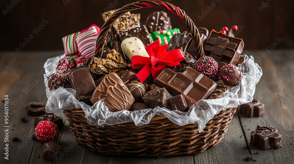 A wicker basket overflowing with decadent chocolate treats. The rich brown tones of the chocolate and basket create a warm and inviting scene. A wicker basket overflowing with decadent chocolate treats. The rich brown tones of the chocolate and basket create a warm and inviting scene.