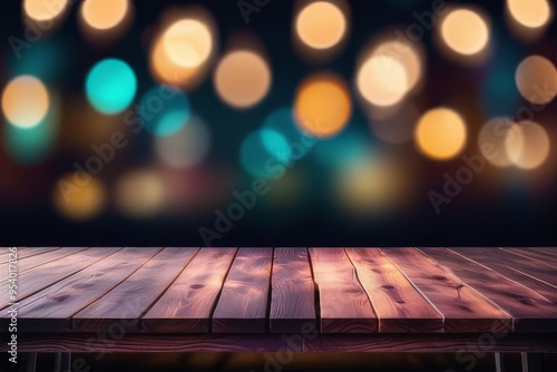 Obraz na płótnie Empty wooden table in front of blurred cafe bar or restaurant. Abstract lights bokeh background, front view, free space for your product w salonie