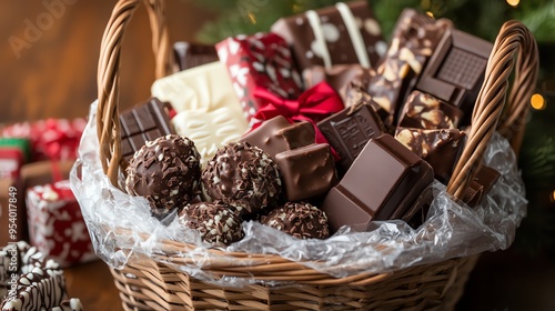 A wicker basket overflowing with decadent chocolate treats. The rich brown tones of the chocolate and basket create a warm and inviting scene.