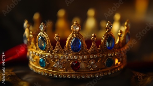 A golden crown adorned with colorful jewels resting elegantly on a dark velvet cloth in a dimly lit royal setting