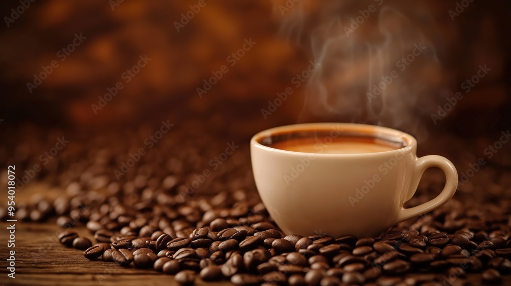 Cup of Coffe on black background. Beans on wooden background. Coffee beans. Cofee advertising sale stock photo Cup of Coffe on black background. Beans on wooden background. Coffee beans. Cofee advertising sale stock photo