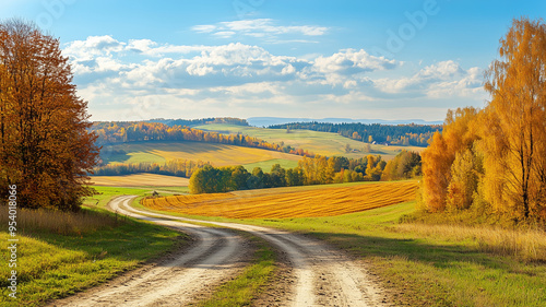 Wonderful landscape during autumn, sunny rural panoramic view. Countryside scenery. Typical autumn colors. Wonderful landscape during fall season, typical orange, brown automn colors. Tranquil scenery photo